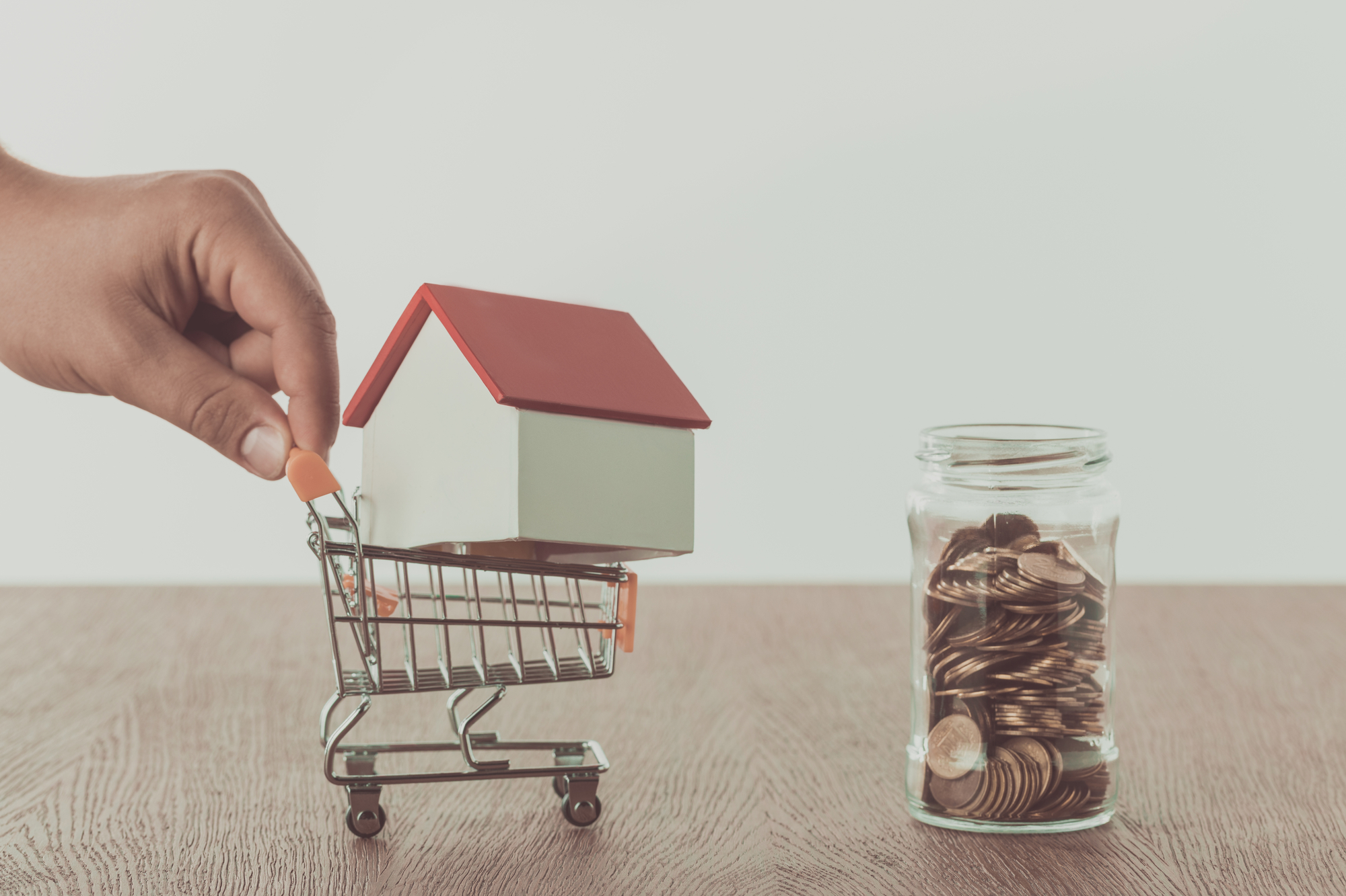 Cropped image of man holding small supermarket cart with house, saving concept