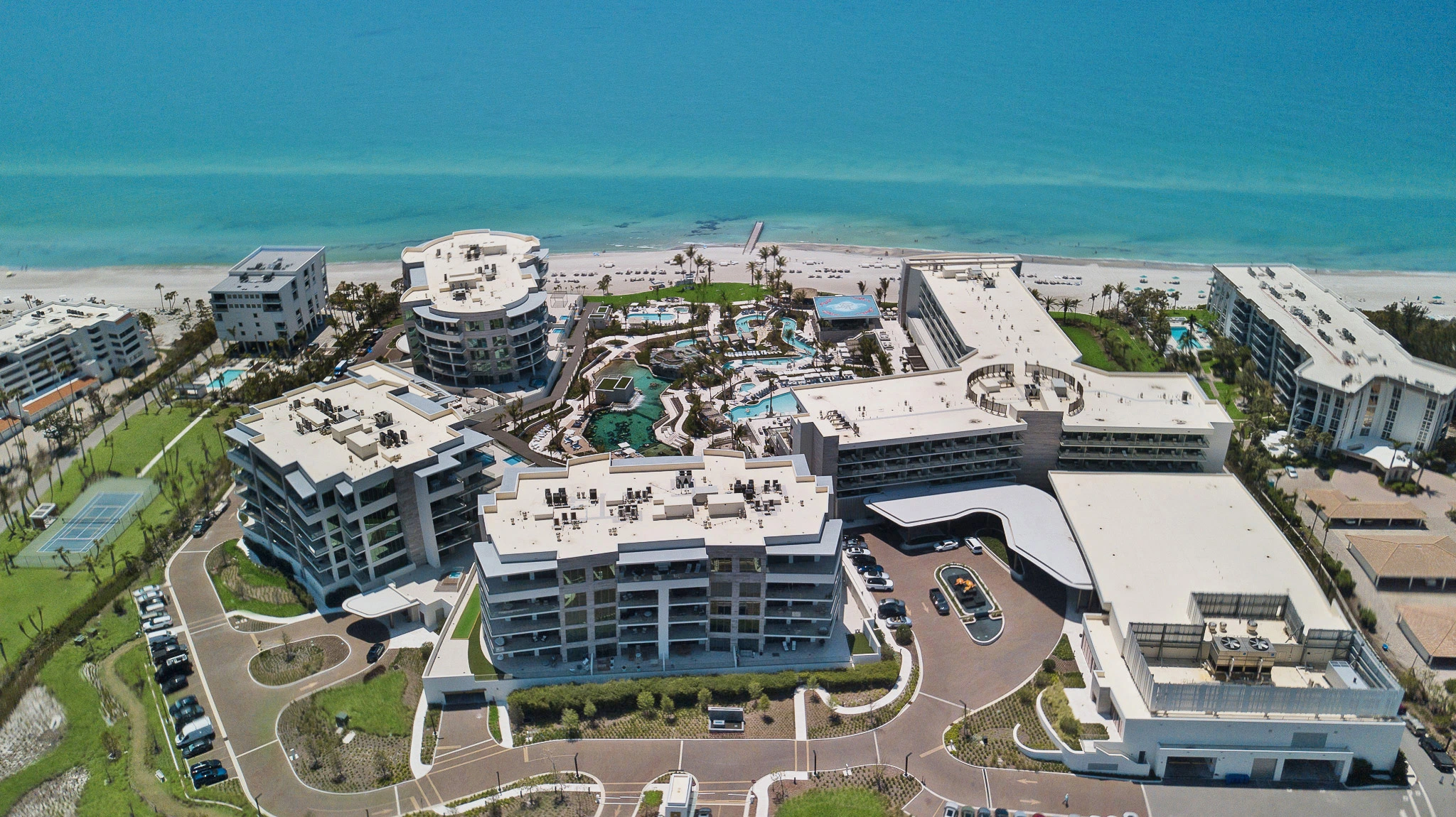 Aerial view of The St. Regis Longboat Key beachfront resort and residences